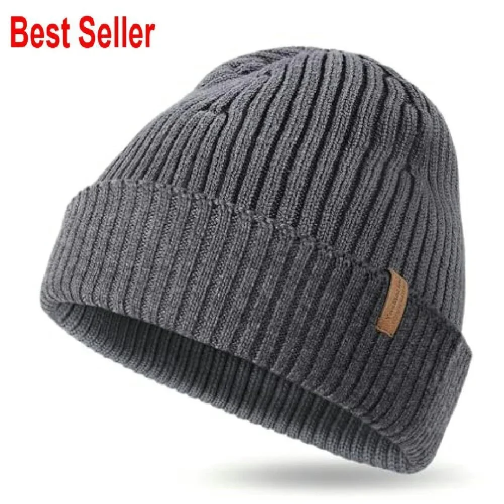 Merino Wool Rib Knit Beanie Unisex Classic Warm Lightweight Winter Hat